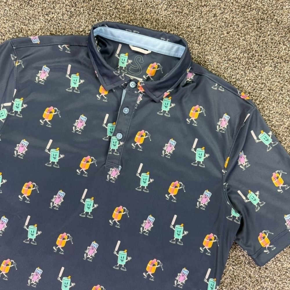Swannies Mens Medium Golf Polo Shirt Navy Blue Hot Dog Beverage Cartoon Print